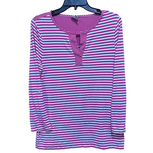 Chicos Tunic Top Size 1 US M/8-10 Pink White Striped Long Sleeves Split Neckline - Picture 1 of 7